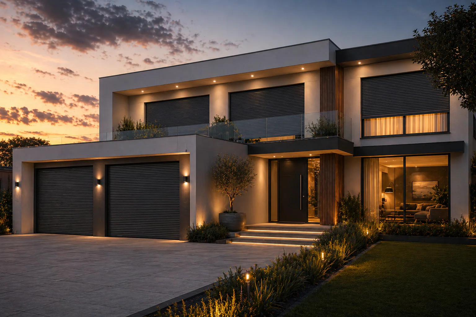 Moderne woning met zonwering in avondlicht